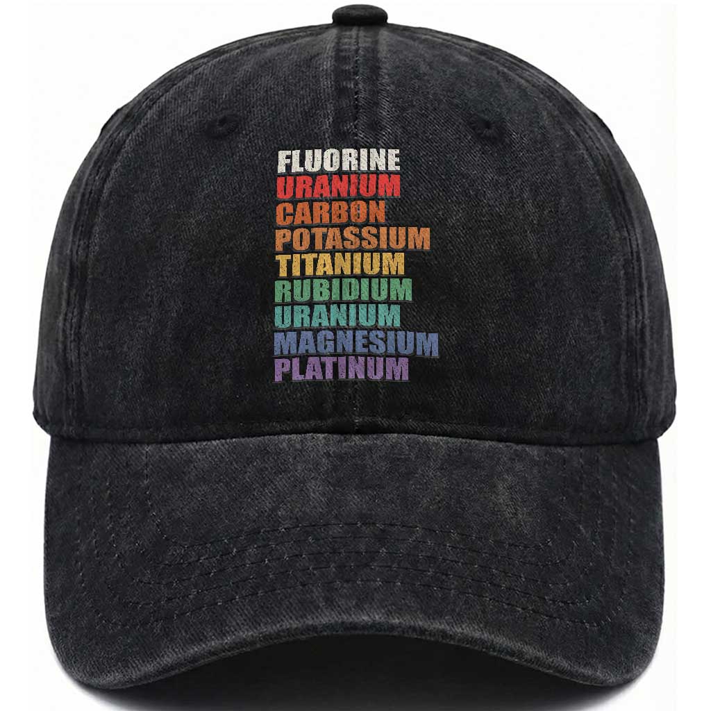 Subtle FDT Chemistry Science Washed Cotton Baseball Cap Fluorine Uranium Carbon Potassium Titanium Nerdy Gifts