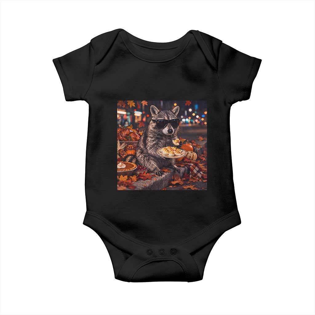 Funny Thanksgiving Raccoon Eating Deviled Eggs Meme Baby Onesie Fall Season Food Trash Panda