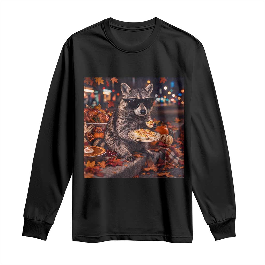 Funny Thanksgiving Raccoon Eating Deviled Eggs Meme Long Sleeve Shirt Fall Season Food Trash Panda