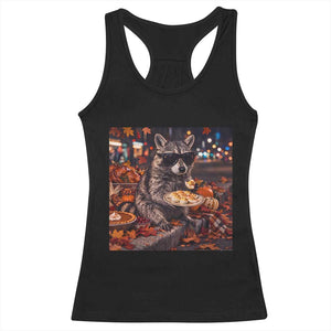 Funny Thanksgiving Raccoon Eating Deviled Eggs Meme Racerback Tank Top Fall Season Food Trash Panda