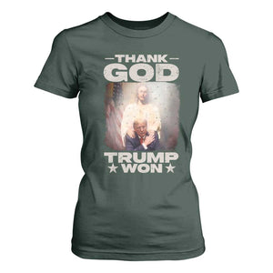 Thank God Trump Won 2024 T Shirt For Women Christian Jesus Bible The 47th US President TS11 Dark Forest Green Print Your Wear