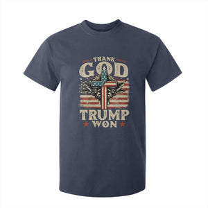 Thank God Trump Won 2024 T Shirt For Kid The 47th US President Vintage American Flag TS11 Navy Print Your Wear