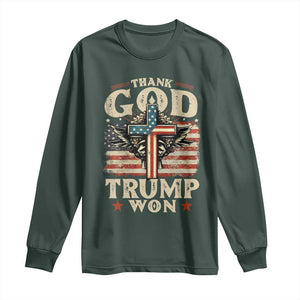 Thank God Trump Won 2024 Long Sleeve Shirt The 47th US President Vintage American Flag TS11 Dark Forest Green Print Your Wear