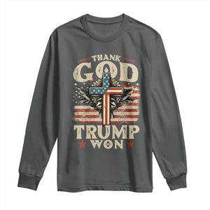 Thank God Trump Won 2024 Long Sleeve Shirt The 47th US President Vintage American Flag TS11 Dark Heather Print Your Wear