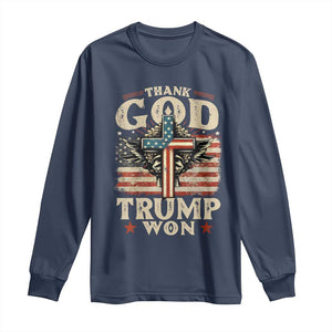 Thank God Trump Won 2024 Long Sleeve Shirt The 47th US President Vintage American Flag TS11 Navy Print Your Wear