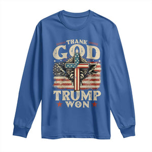 Thank God Trump Won 2024 Long Sleeve Shirt The 47th US President Vintage American Flag TS11 Royal Blue Print Your Wear