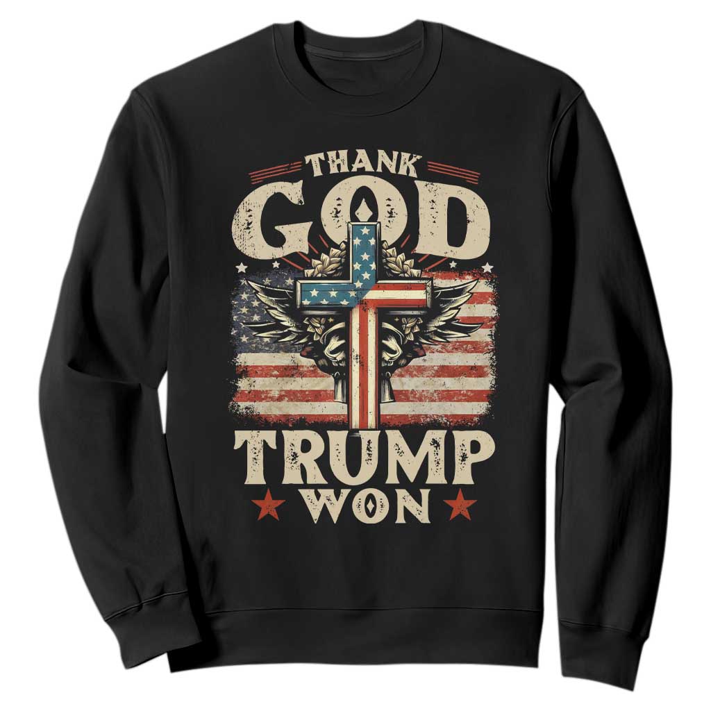 Thank God Trump Won 2024 Sweatshirt The 47th US President Vintage American Flag TS11 Black Print Your Wear