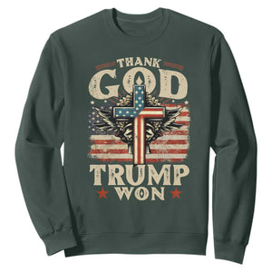 Thank God Trump Won 2024 Sweatshirt The 47th US President Vintage American Flag TS11 Dark Forest Green Print Your Wear