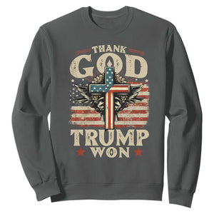 Thank God Trump Won 2024 Sweatshirt The 47th US President Vintage American Flag TS11 Dark Heather Print Your Wear