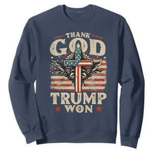 Thank God Trump Won 2024 Sweatshirt The 47th US President Vintage American Flag TS11 Navy Print Your Wear