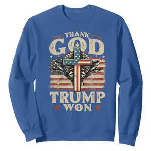 Thank God Trump Won 2024 Sweatshirt The 47th US President Vintage American Flag TS11 Royal Blue Print Your Wear