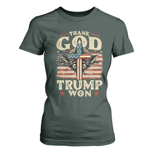 Thank God Trump Won 2024 T Shirt For Women The 47th US President Vintage American Flag TS11 Dark Forest Green Print Your Wear