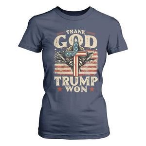 Thank God Trump Won 2024 T Shirt For Women The 47th US President Vintage American Flag TS11 Navy Print Your Wear