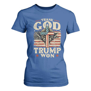 Thank God Trump Won 2024 T Shirt For Women The 47th US President Vintage American Flag TS11 Royal Blue Print Your Wear