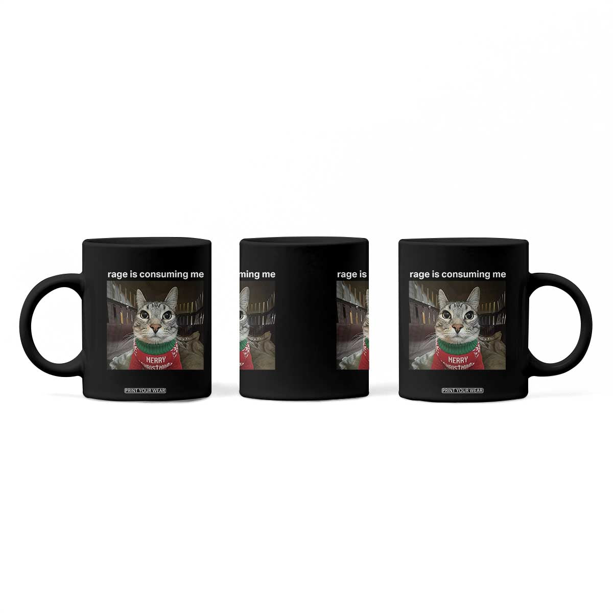 Rage Is Consuming Me Christmas Coffee Mug Funny Silly Staring Cat Meme Xmas Ugly Sweater TS11 Print Your Wear