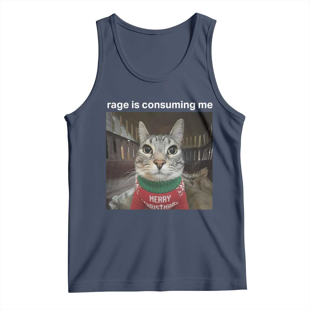 Rage Is Consuming Me Christmas Tank Top Funny Silly Staring Cat Meme Xmas Ugly Sweater TS11 Navy Print Your Wear