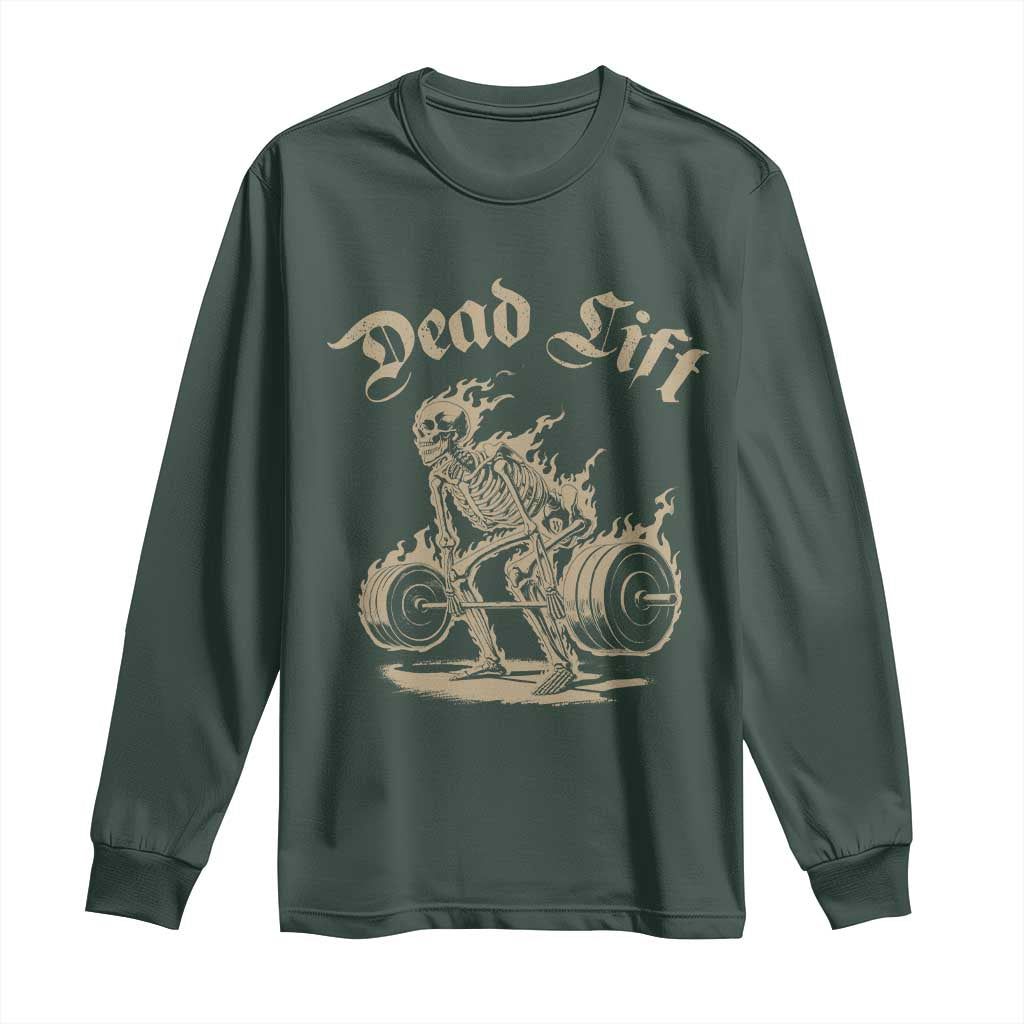 Funny Deadlifts Lifting Weights Gym Skeleton Long Sleeve Shirt TS11 Dark Forest Green Print Your Wear