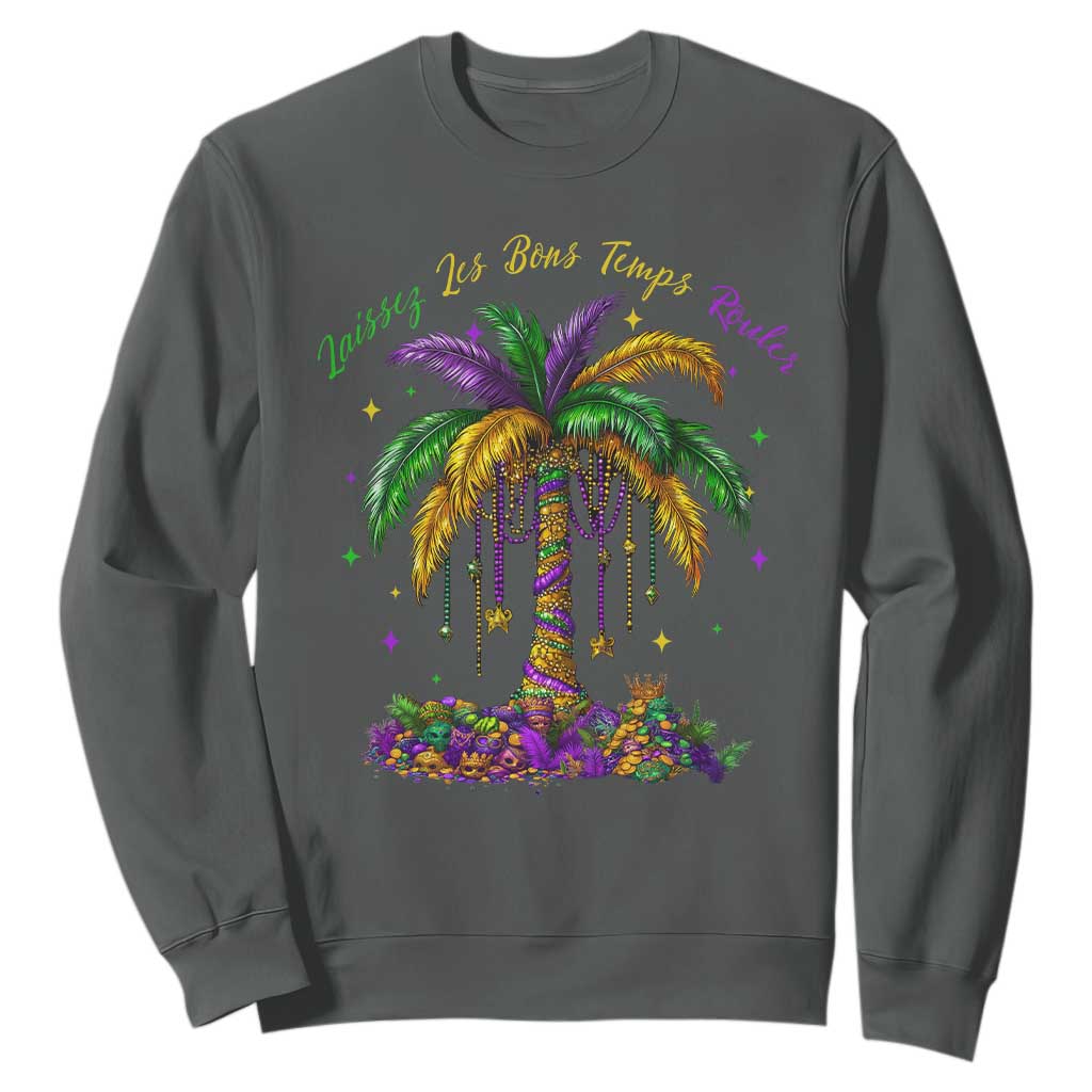Funny Mardi Gras Coconut Palm Tree Sweatshirt Laissez Les Bons Temps Rouler Beads Masks TS11 Dark Heather Print Your Wear