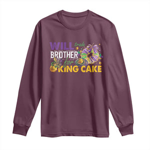 Funny Mardi Gras Will Trade Brother For King Cake Long Sleeve Shirt Beads Doubloons TS11 Maroon Print Your Wear