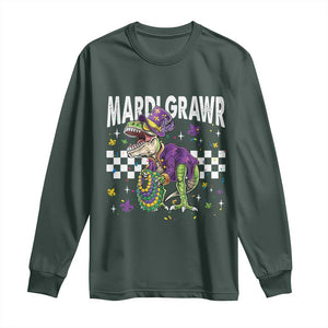 Funny Mardi Gras T-rex Dinosaur Long Sleeve Shirt Mardi Grawr Beads Carnival Party TS11 Dark Forest Green Print Your Wear