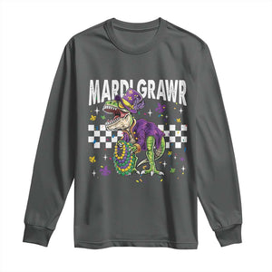 Funny Mardi Gras T-rex Dinosaur Long Sleeve Shirt Mardi Grawr Beads Carnival Party TS11 Dark Heather Print Your Wear