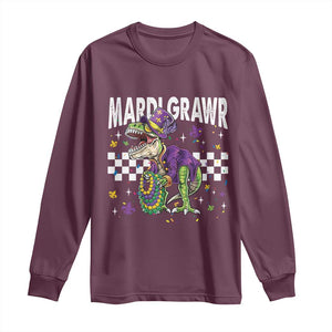 Funny Mardi Gras T-rex Dinosaur Long Sleeve Shirt Mardi Grawr Beads Carnival Party TS11 Maroon Print Your Wear