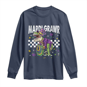 Funny Mardi Gras T-rex Dinosaur Long Sleeve Shirt Mardi Grawr Beads Carnival Party TS11 Navy Print Your Wear