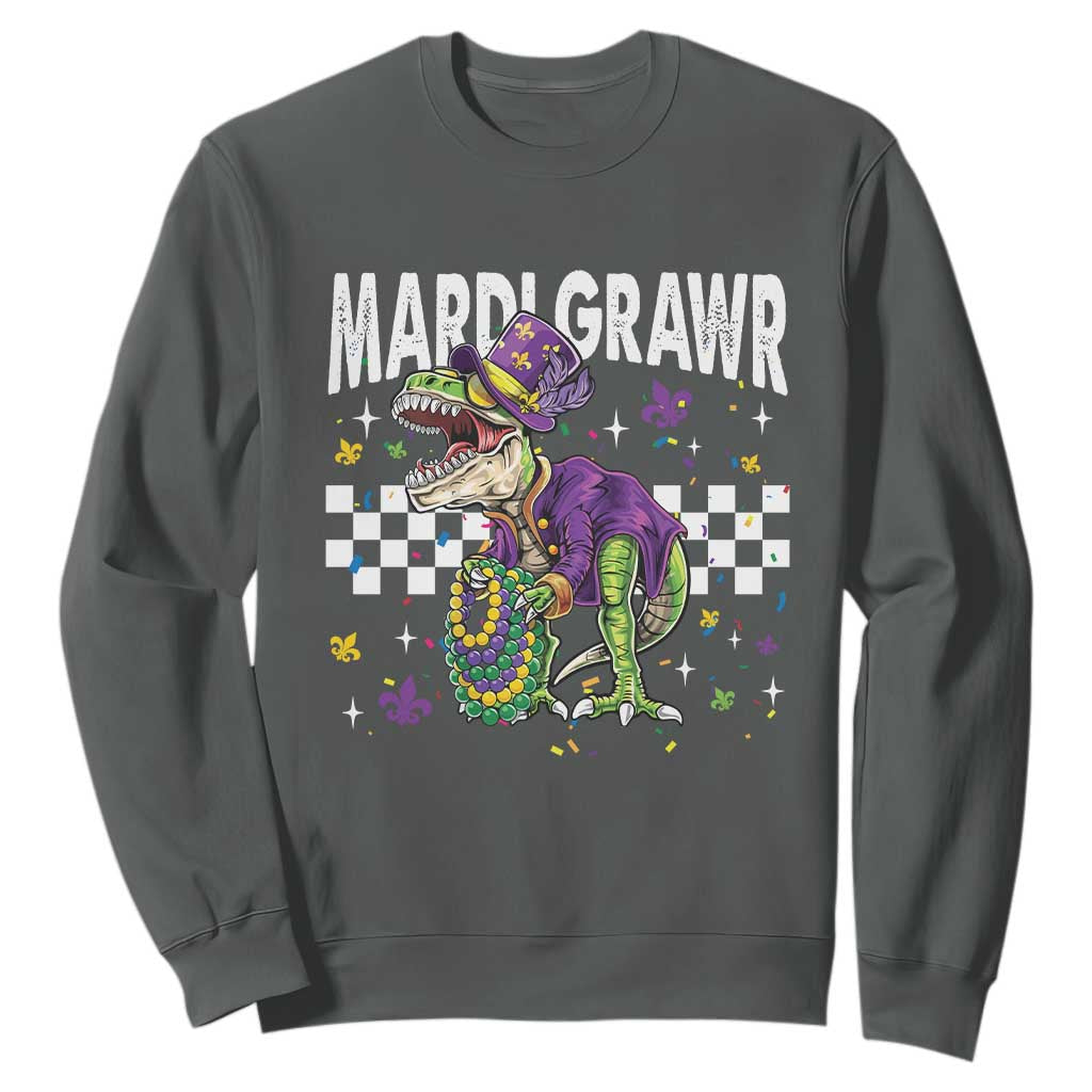 Funny Mardi Gras T-rex Dinosaur Sweatshirt Mardi Grawr Beads Carnival Party TS11 Dark Heather Print Your Wear