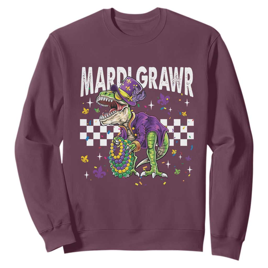 Funny Mardi Gras T-rex Dinosaur Sweatshirt Mardi Grawr Beads Carnival Party TS11 Maroon Print Your Wear