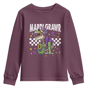 Funny Mardi Gras T-rex Dinosaur Youth Sweatshirt Mardi Grawr Beads Carnival Party TS11 Maroon Print Your Wear