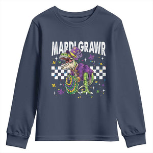 Funny Mardi Gras T-rex Dinosaur Youth Sweatshirt Mardi Grawr Beads Carnival Party TS11 Navy Print Your Wear