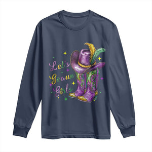 Funny Mardi Gras Cowgirl Long Sleeve Shirt Let's Geaux Girls Western Cowgirl Boots Carnival TS11 Navy Print Your Wear