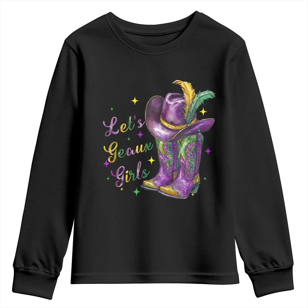 Funny Mardi Gras Cowgirl Youth Sweatshirt Let's Geaux Girls Western Cowgirl Boots Carnival TS11 Black Print Your Wear