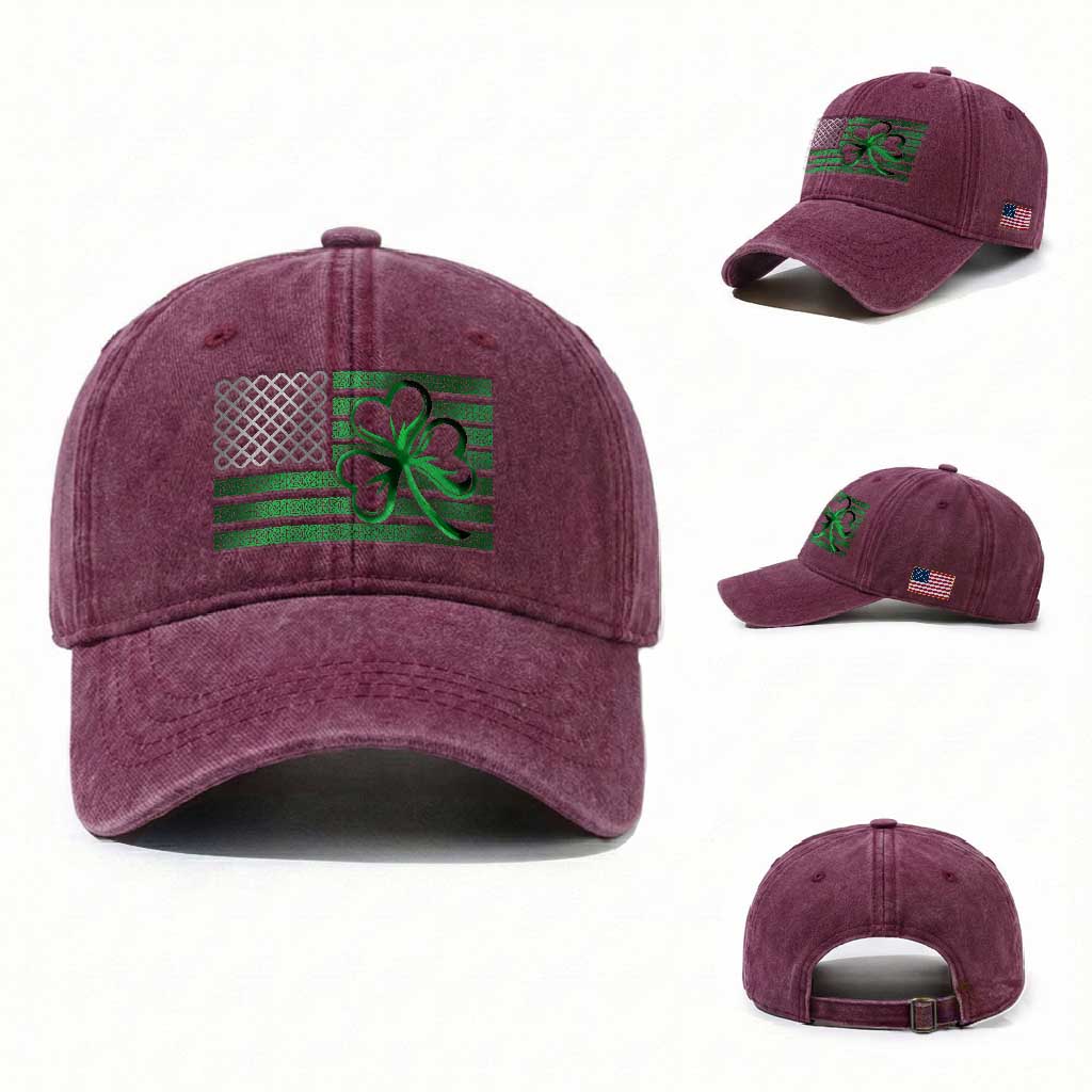 Funny Irish Americans Washed Cotton Baseball Cap Shamrock Celtic Knot American Flag St Patrick's Day TS11 Washed Cap Universal Fit Burgundy Print Your Wear