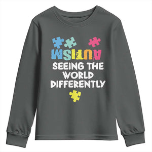 Autism Seeing The World Differently Youth Sweatshirt Autistic Autism Awareness Puzzle TS11 Dark Heather Print Your Wear