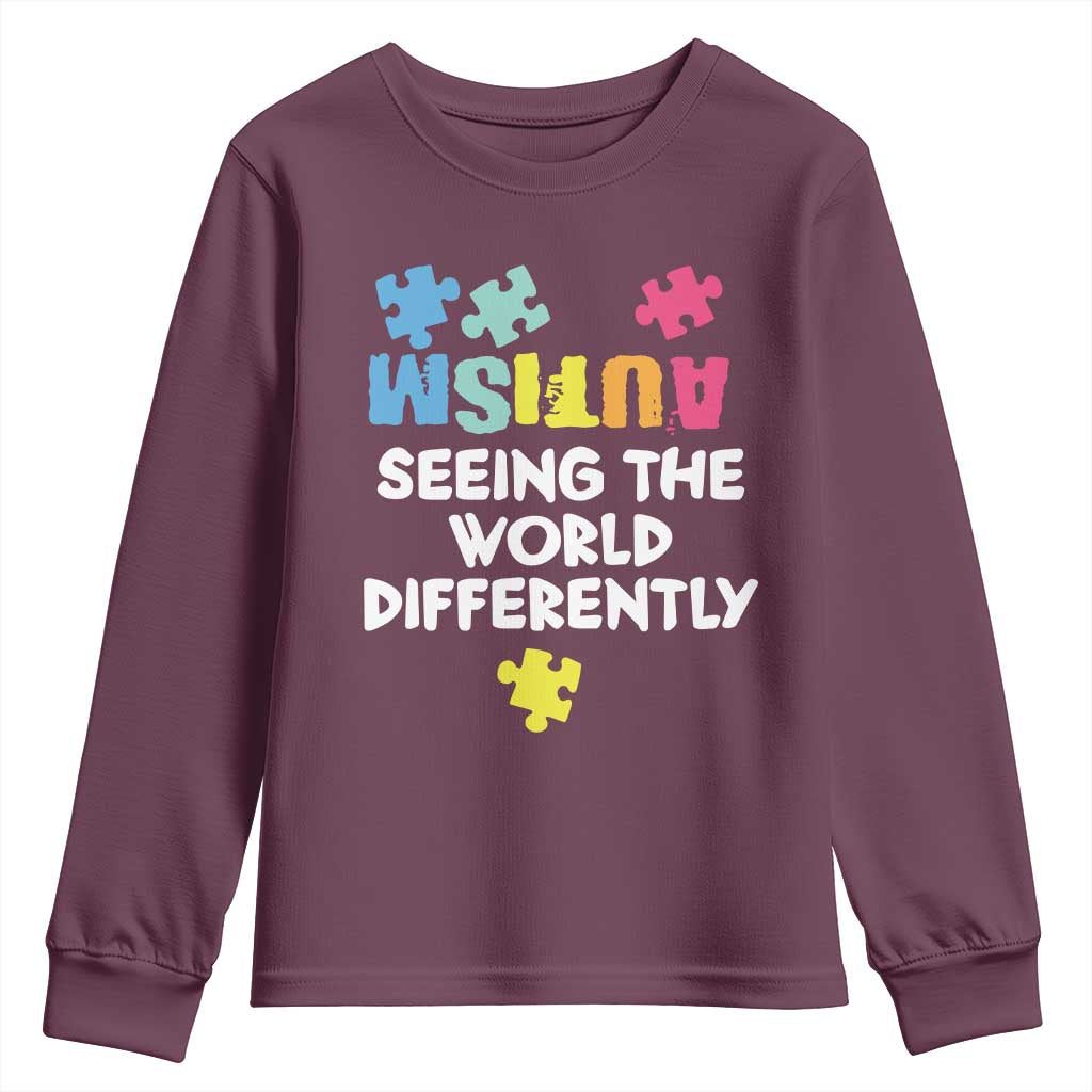 Autism Seeing The World Differently Youth Sweatshirt Autistic Autism Awareness Puzzle TS11 Maroon Print Your Wear