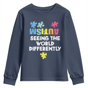 Autism Seeing The World Differently Youth Sweatshirt Autistic Autism Awareness Puzzle TS11 Navy Print Your Wear