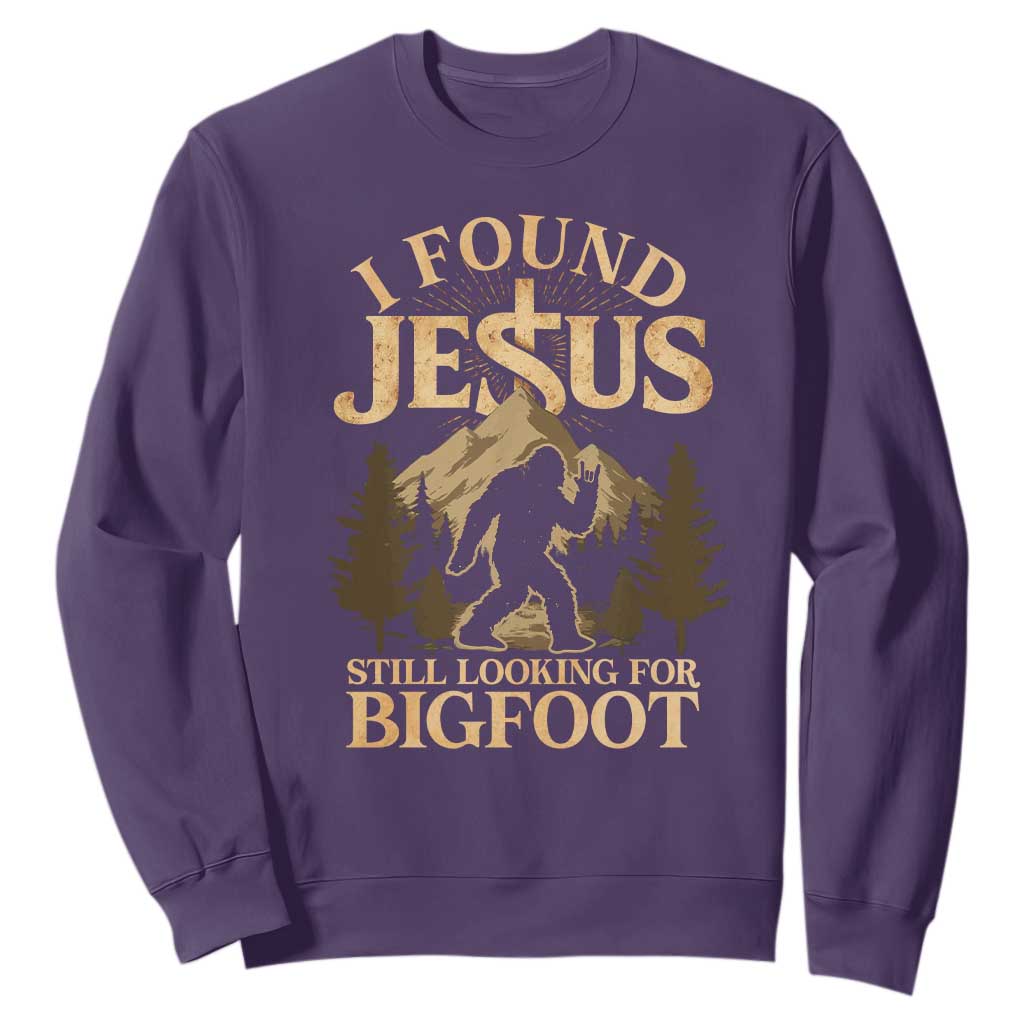I Found Jesus Still Looking For Bigfoot Sweatshirt Funny Christian Sasquatch Vintage Mountain TS11 Purple Print Your Wear