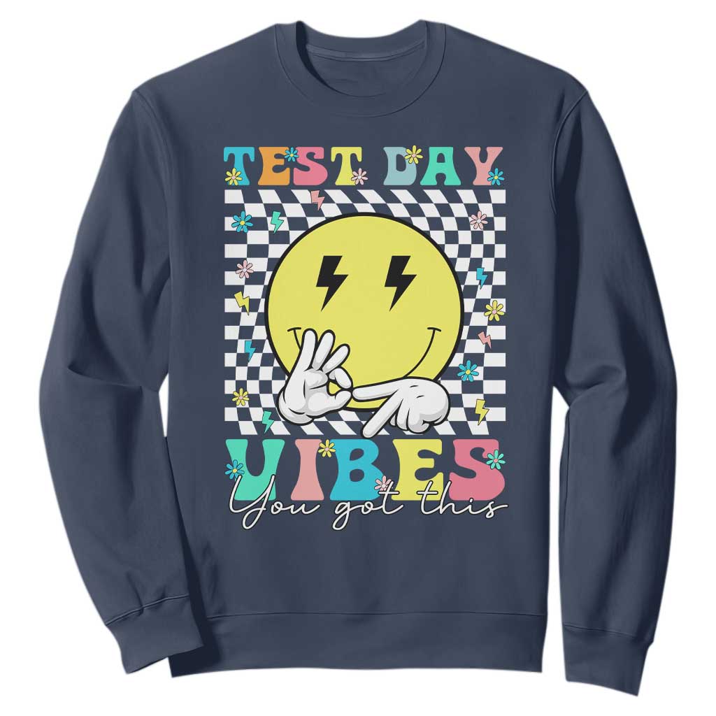 Test Day 67 Meme Sweatshirt You Got This Testing Teacher Retro Grooves TS11 Navy Print Your Wear