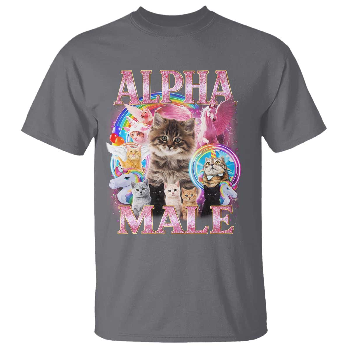 Alpha Male Cat T Shirt Funny Rainbow Kitten Meme Bootleg TS11 Charcoal Print Your Wear