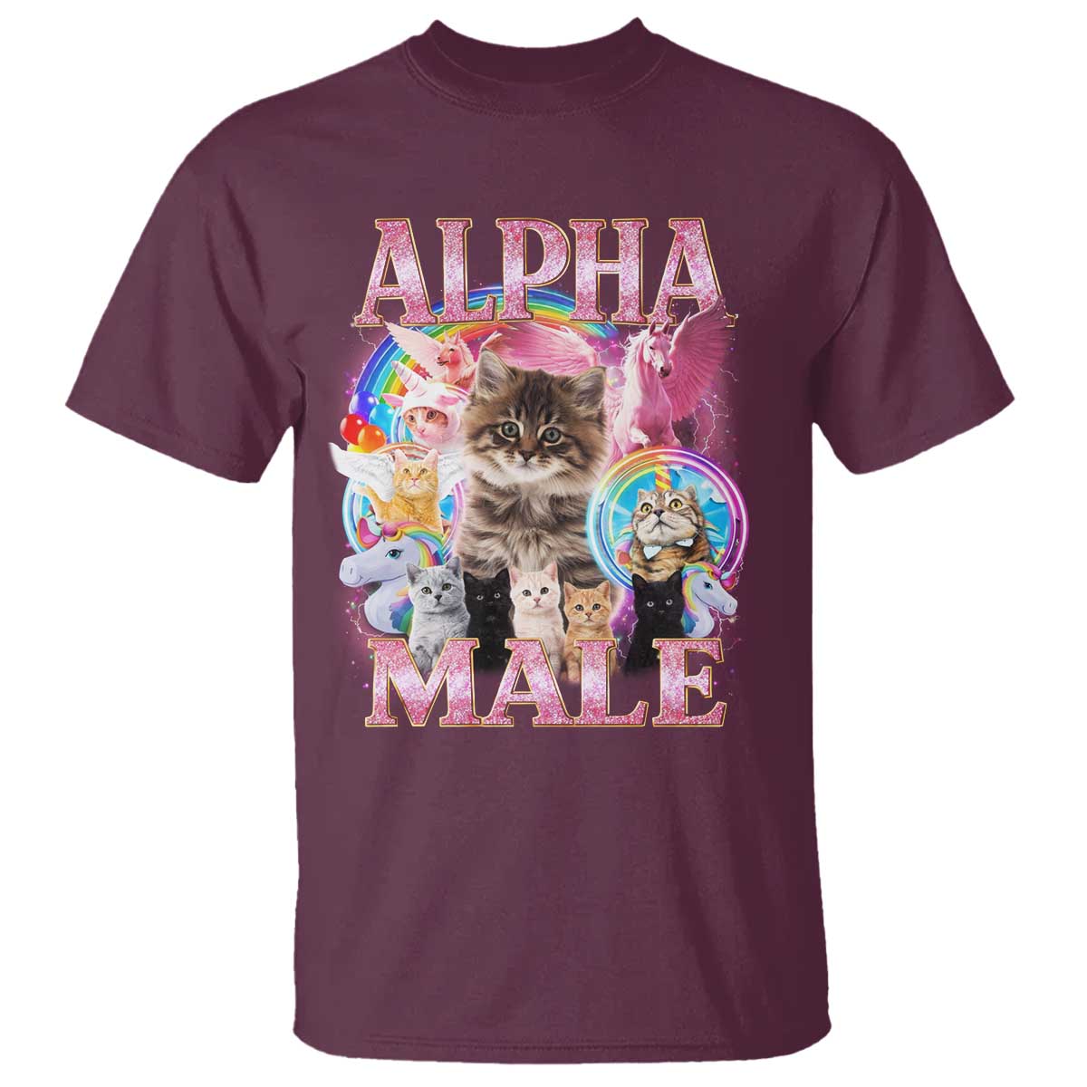 Alpha Male Cat T Shirt Funny Rainbow Kitten Meme Bootleg TS11 Maroon Print Your Wear