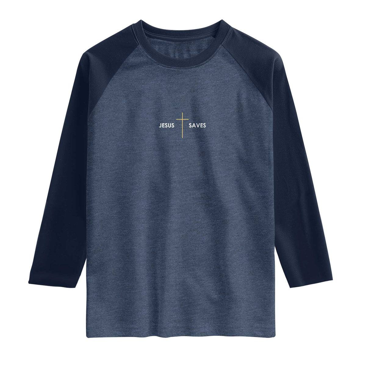 Jesus Saves Raglan Shirt Cross Subtle Christian Minimal Religious Faith TS11 Heather Denim Navy Print Your Wear