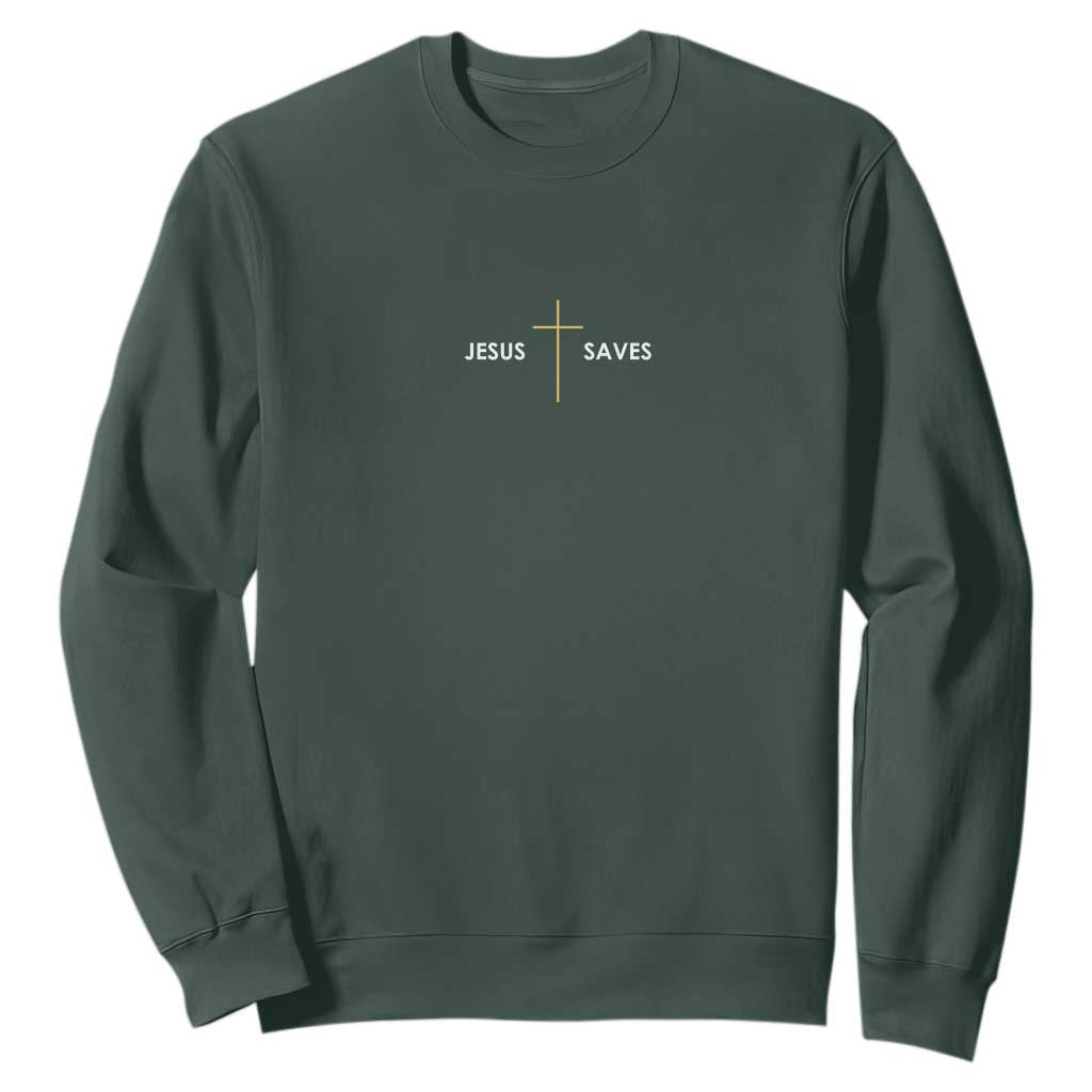 Jesus Saves Sweatshirt Cross Subtle Christian Minimal Religious Faith TS11 Dark Forest Green Print Your Wear