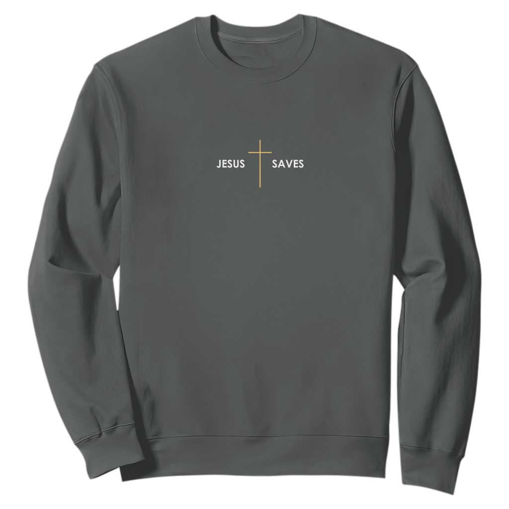 Jesus Saves Sweatshirt Cross Subtle Christian Minimal Religious Faith TS11 Dark Heather Print Your Wear