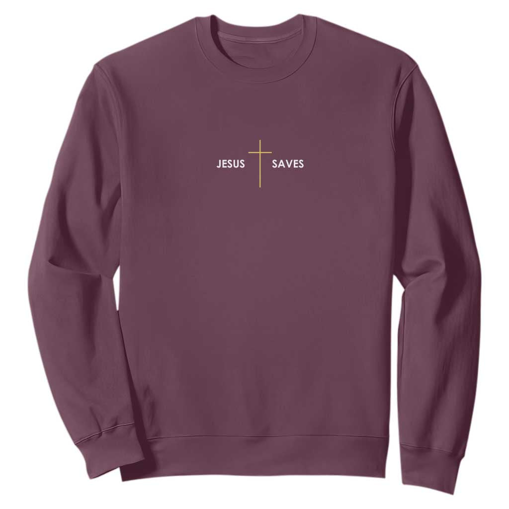 Jesus Saves Sweatshirt Cross Subtle Christian Minimal Religious Faith TS11 Maroon Print Your Wear
