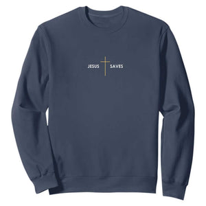 Jesus Saves Sweatshirt Cross Subtle Christian Minimal Religious Faith TS11 Navy Print Your Wear