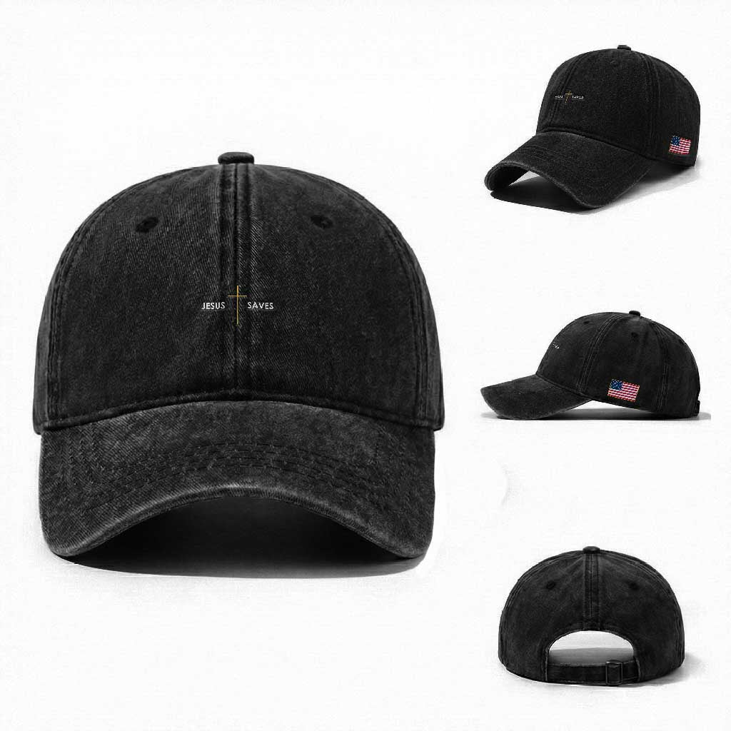 Jesus Saves Washed Cotton Baseball Cap Cross Subtle Christian Minimal Religious Faith TS11 Washed Cap Universal Fit Black Print Your Wear