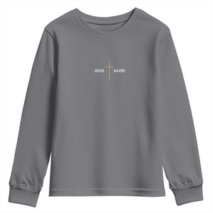 Jesus Saves Youth Sweatshirt Cross Subtle Christian Minimal Religious Faith TS11 Charcoal Print Your Wear