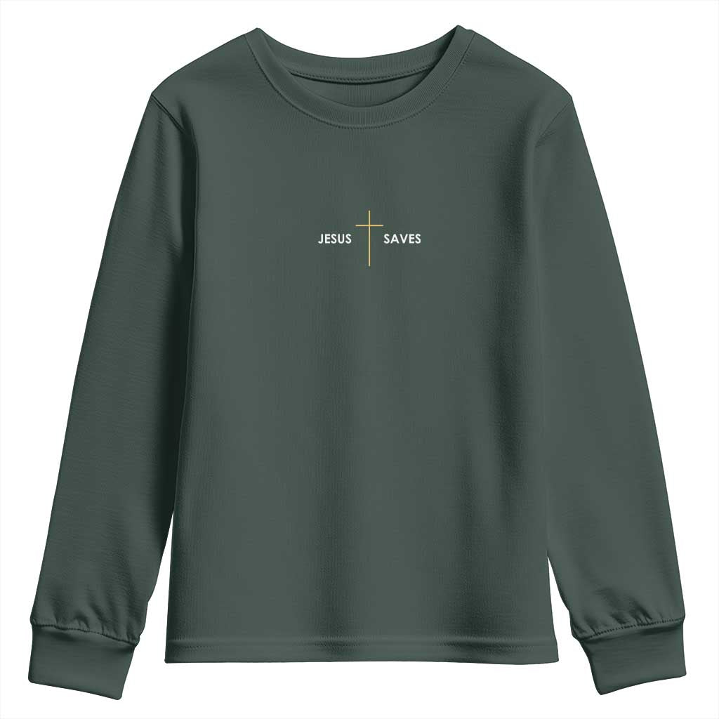 Jesus Saves Youth Sweatshirt Cross Subtle Christian Minimal Religious Faith TS11 Dark Forest Green Print Your Wear