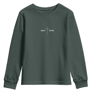 Jesus Saves Youth Sweatshirt Cross Subtle Christian Minimal Religious Faith TS11 Dark Forest Green Print Your Wear